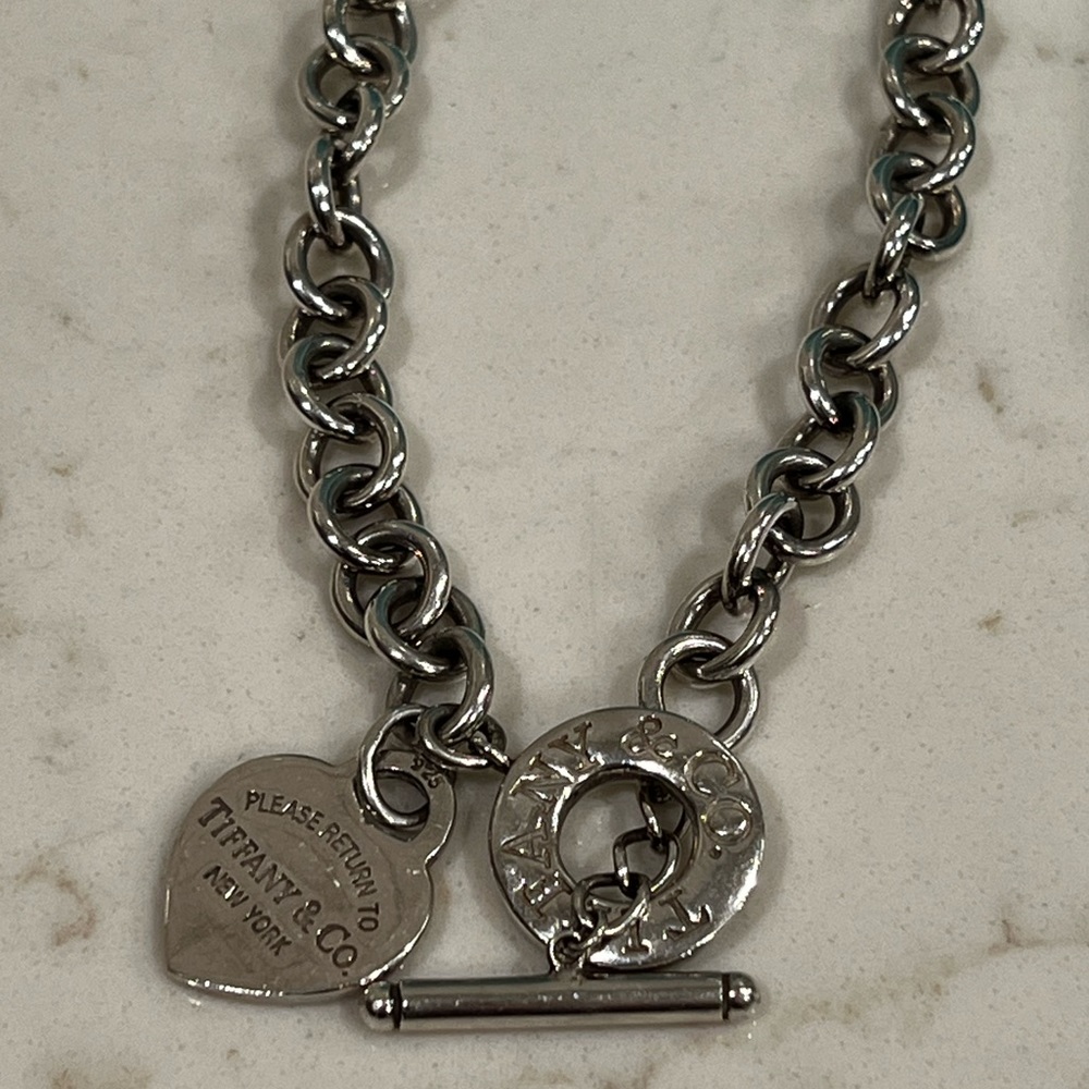 Tiffany & Co. Silver Heart Tag Toggle Necklace on Blue - Picture 2 of 10